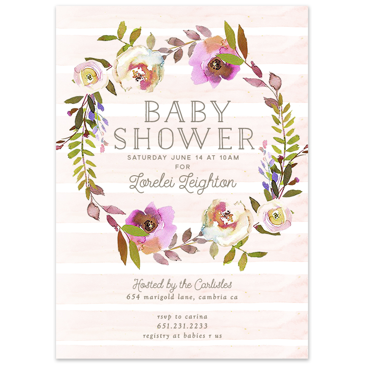 Soft Watercolor Stripe Wreath Baby Shower Invitation