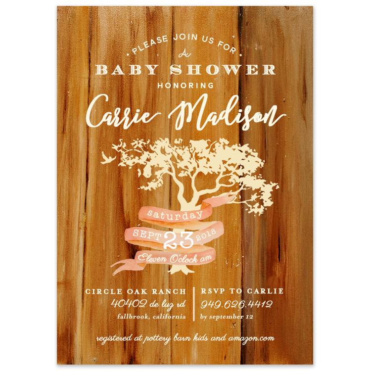 Oak Tree Pink Ribbon Rustic Baby Shower Invitation