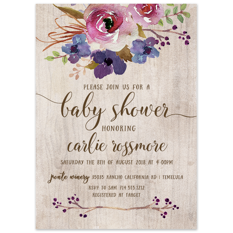 Baby Shower Rustic Purple Flowers Invitation